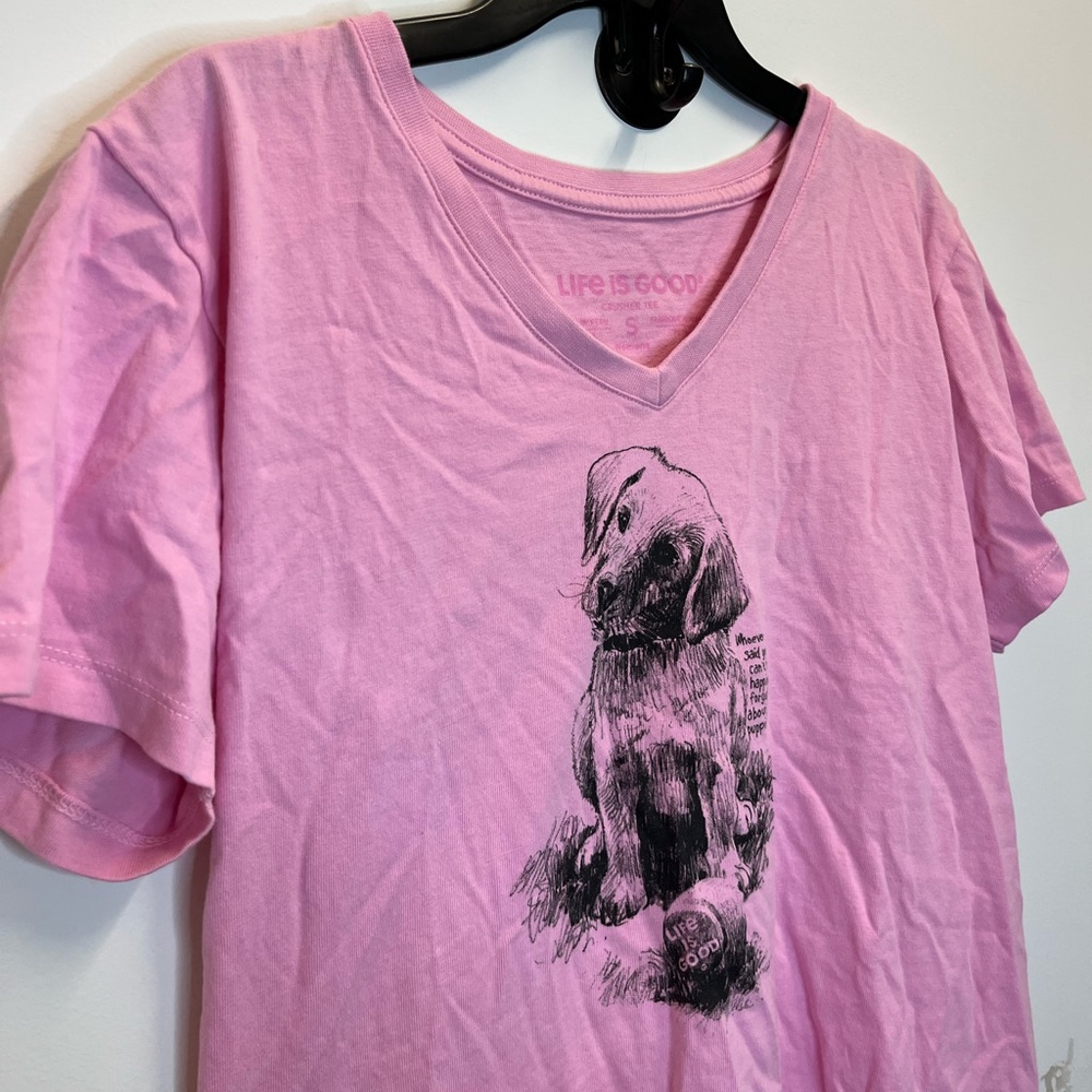 Life is Good Pink Tee Shirt with a Golden Retriever
